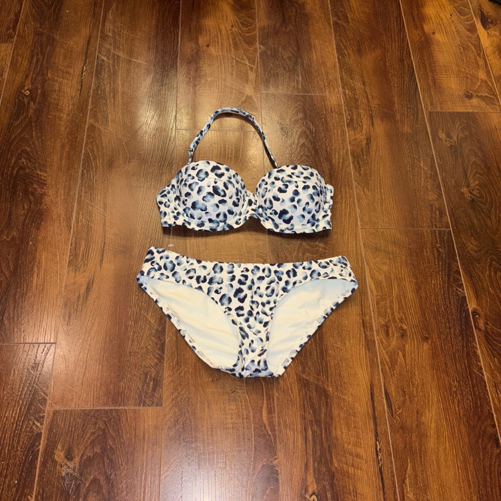 Tory Burch Blue Leopard Print Strapless Bikini Set Sz XS